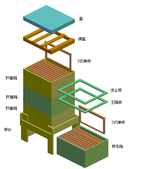 蜂舎内で使用する養蜂箱